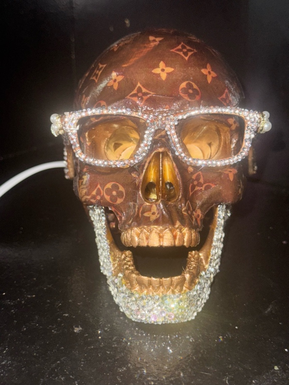 Monogram Skull Decor Lamp with Crystal Glasses and Beaded Beard